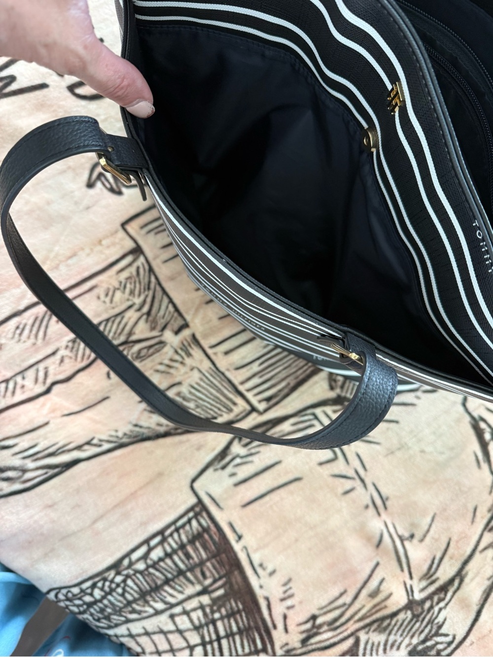 Tommy Hilfiger Black and White Striped Tote with Gold Accents - Picture 6 of 7